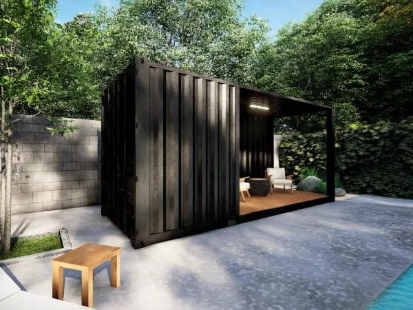 Pool house en conteneur avec terrasse ouverte et local fermé – Image 2