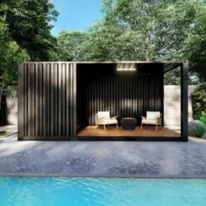 Pool house en conteneur avec terrasse ouverte et local fermé